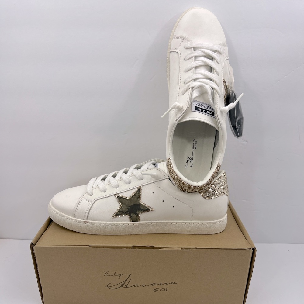 VINTAGE HAVANA, TENNIS SHOES, “WHITE” WITH CAMOUFLAGE & GLITTERING DESIGN, 11.5